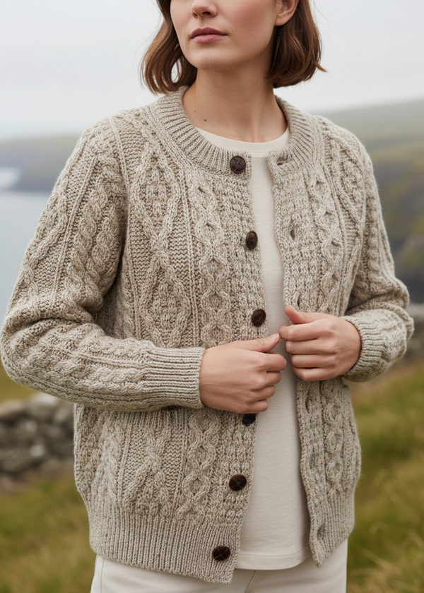 Close-up detail-Inagh Ladies Aran Cardigan | Premium Irish Wool | Oatmeal