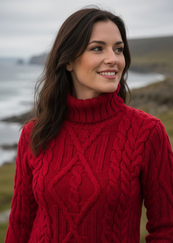 Aran Garnet Red Turtleneck Sweater | 100% Merino Wool | Traditional Irish Cable Knit