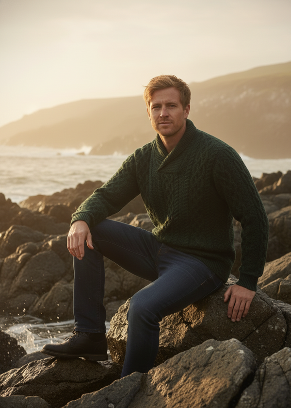 Man sitting on rocks by the sea wearing a green sweater and dark pants.