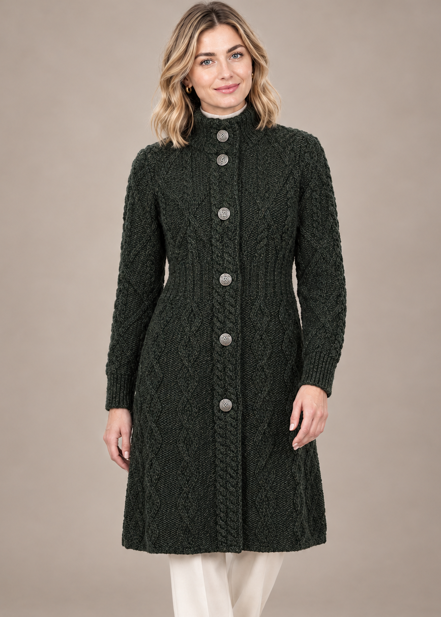 Aran Cable Signature Coat | Army Green | 100% Merino Wool | Made in Ireland