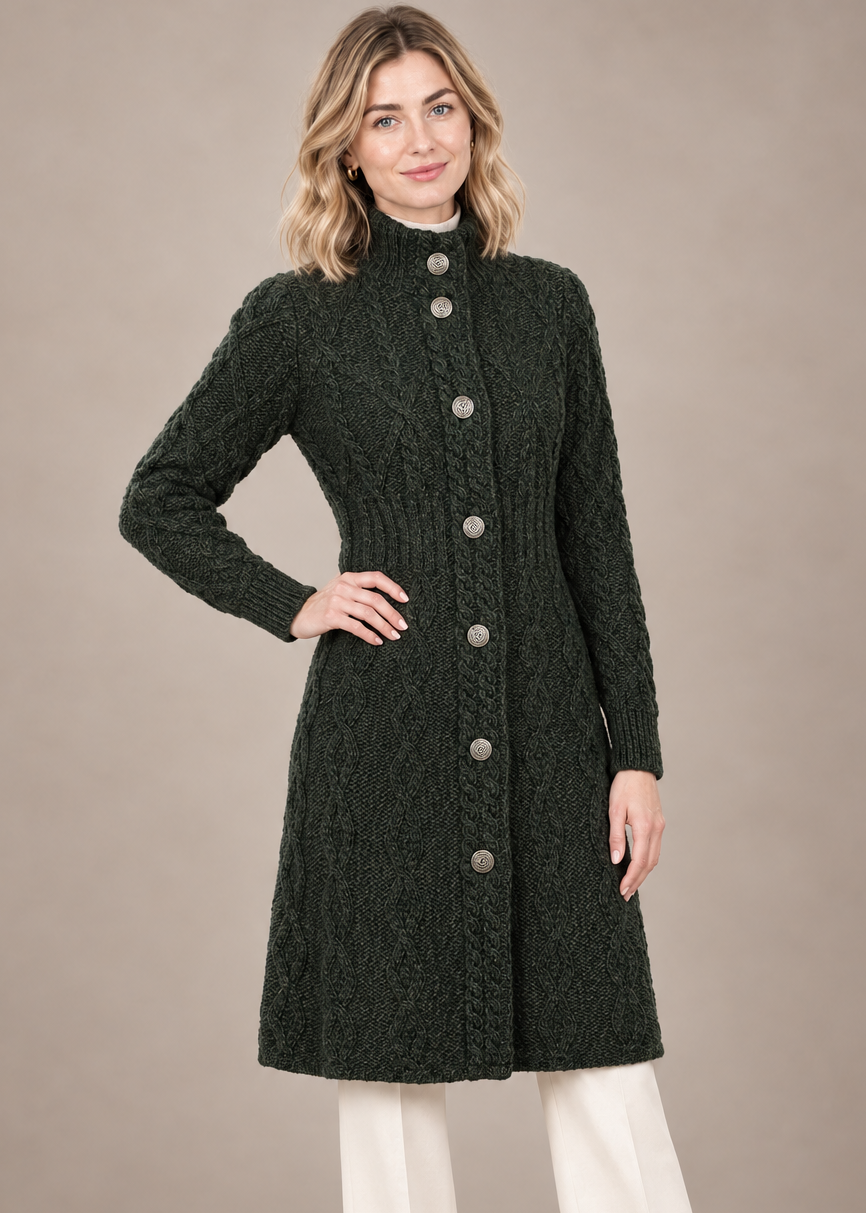 Aran Cable Signature Coat | Army Green | 100% Merino Wool | Made in Ireland