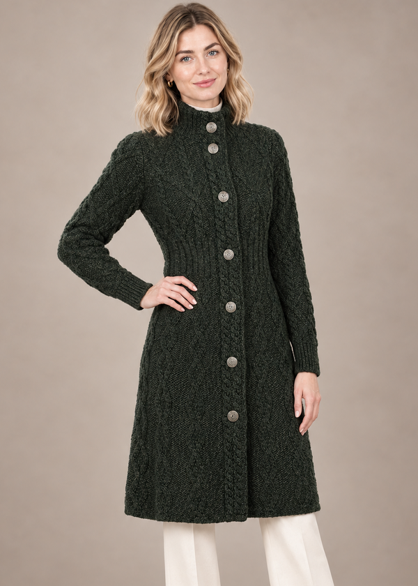 Aran Cable Signature Coat | Army Green | 100% Merino Wool | Made in Ireland