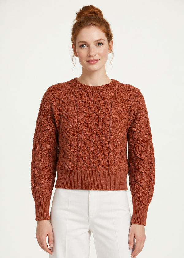 Crop Cable Knit Merino Wool Aran Sweater | Copper