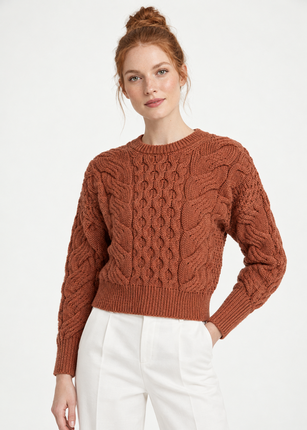 Crop Cable Knit Merino Wool Aran Sweater | Copper
