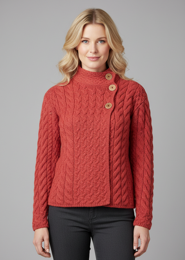 Aran 3 Buttons Trellis Cardigan | Coral