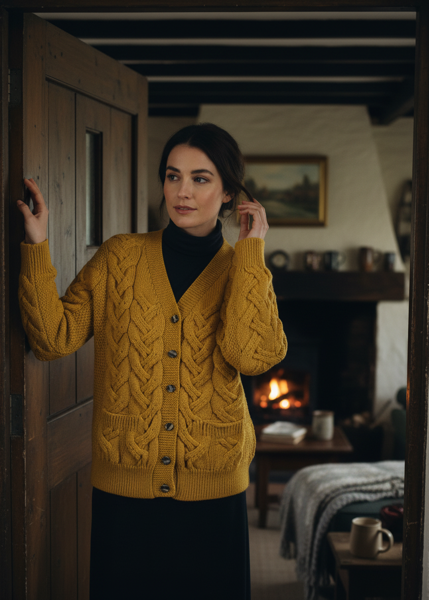 Cottage doorway half-body shot-Downpatrick Ladies Aran Cardigan | Yellow - Merino Wool