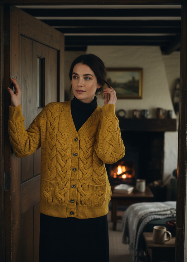 Cottage doorway half-body shot-Downpatrick Ladies Aran Cardigan | Yellow - Merino Wool