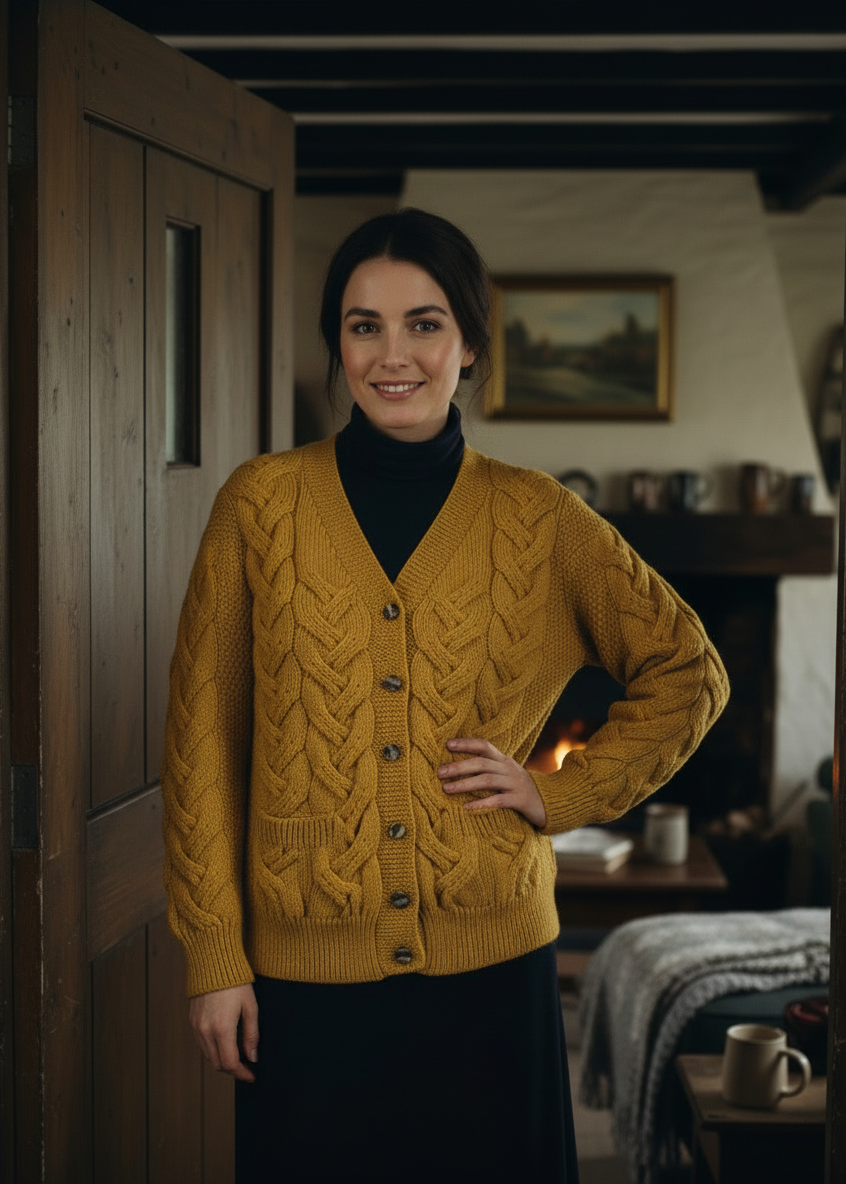 Downpatrick Ladies Aran Cardigan | Yellow - Merino Wool