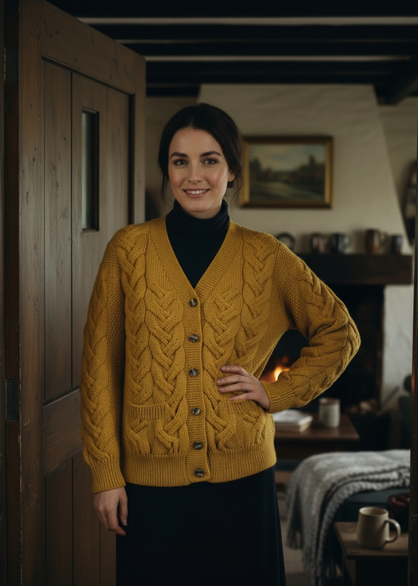 Downpatrick Ladies Aran Cardigan | Yellow - Merino Wool