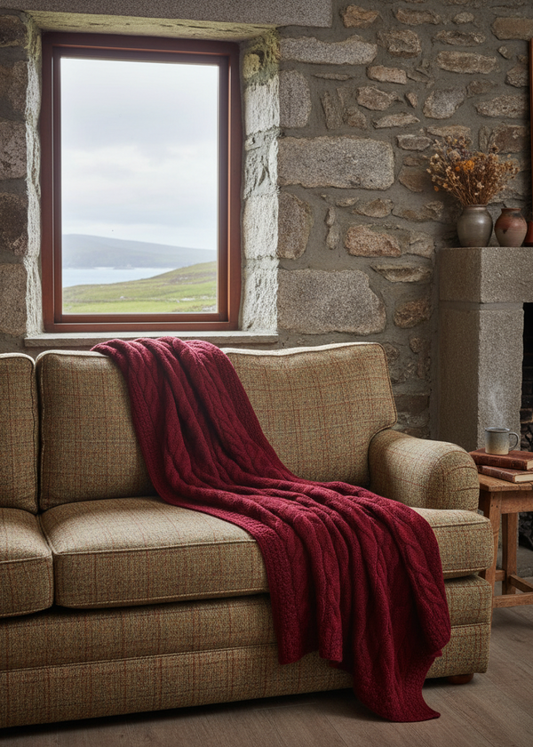 Supersoft Merino Wool Aran Cable Throw Blanket | Vermont Red