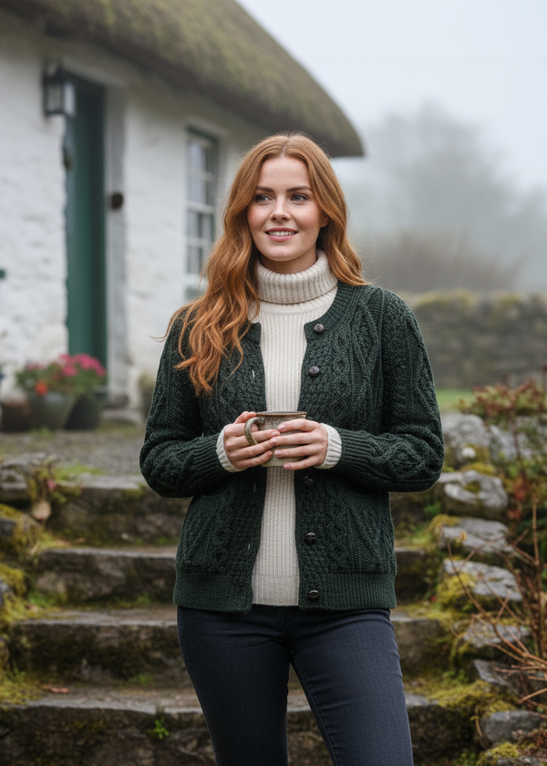 Cottage lifestyle-Inagh Ladies Aran Cardigan | Army Green | 100% Merino Wool