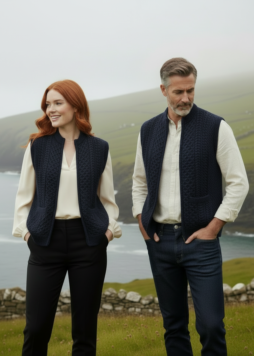 Couple in navy Aran vests