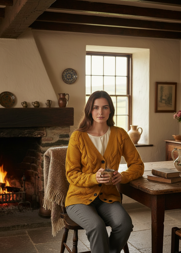 Cozy cottage interior lifestyle shot-Downpatrick Ladies Aran Cardigan | Sunflower Yellow - Merino Wool