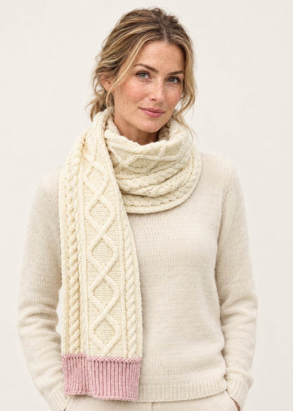 Two Tone Aran Scarf | Natural & Pink