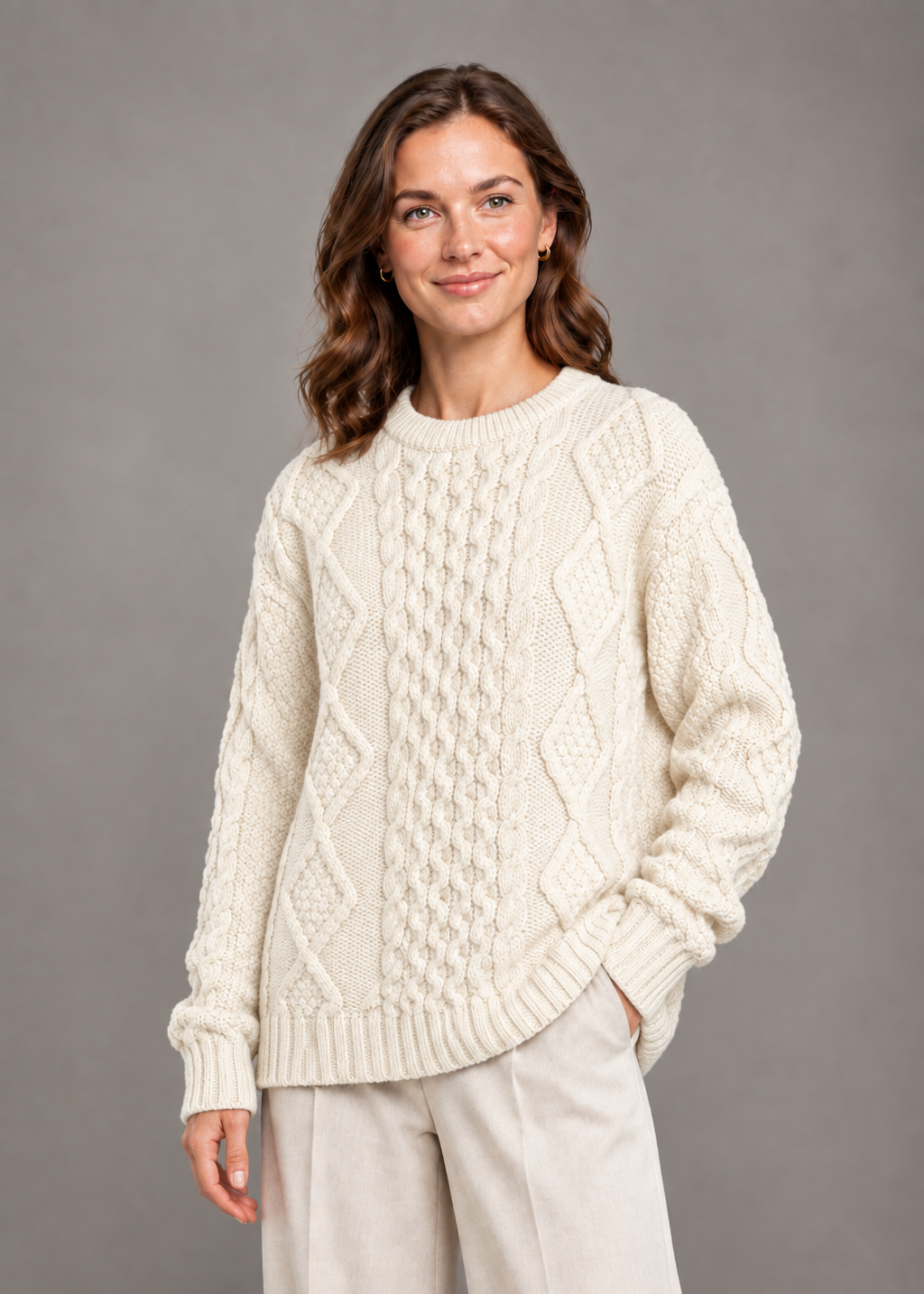 Cream oversized sweater, angled standing pose