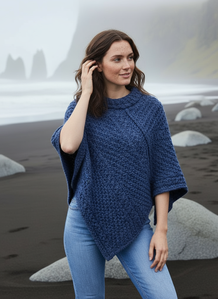 Aran Merino Wool Cowl Poncho | Denim Marl