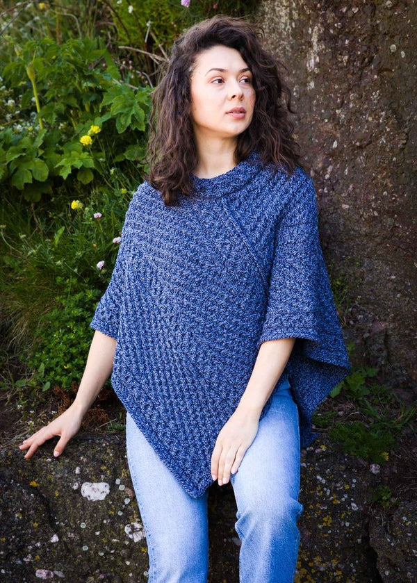 Aran Merino Wool Cowl Poncho | Denim Marl