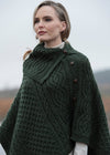 Aran Tipperary Cowl Neck Poncho - Green Merino Wool Cable Knit