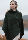 Aran Tipperary Cowl Neck Poncho - Green Merino Wool Cable Knit