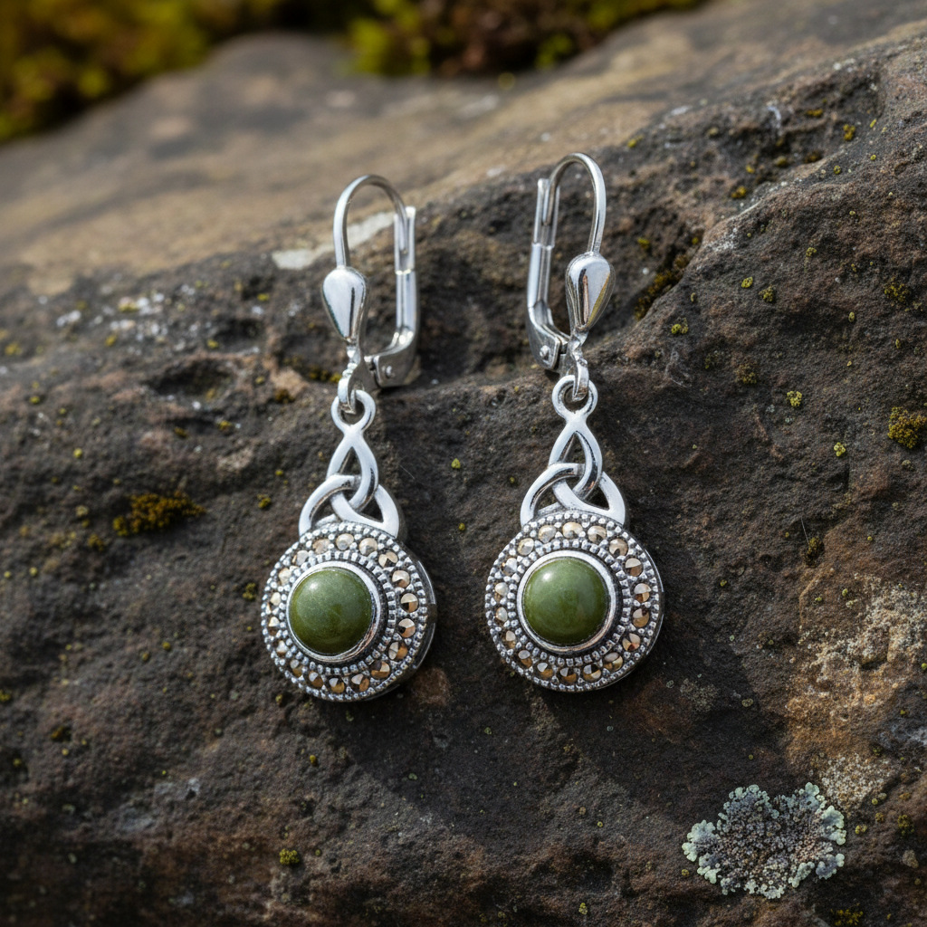 Sterling Silver Trinity Knot Connemara Marble Earrings