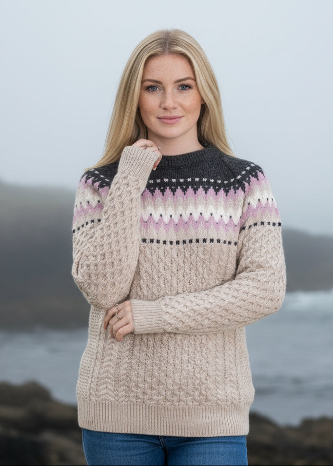Ladies Slim-Fit Aran Fairisle Sweater | Camel