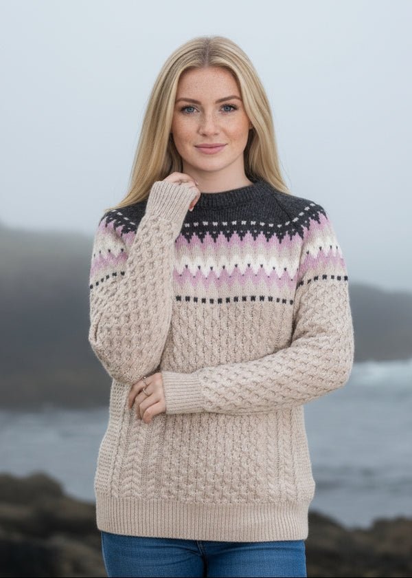 Ladies Slim-Fit Aran Fairisle Sweater | Camel