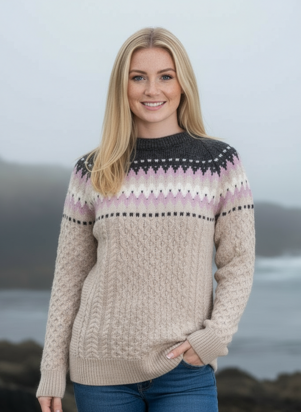 Ladies Slim-Fit Aran Fairisle Sweater | Camel
