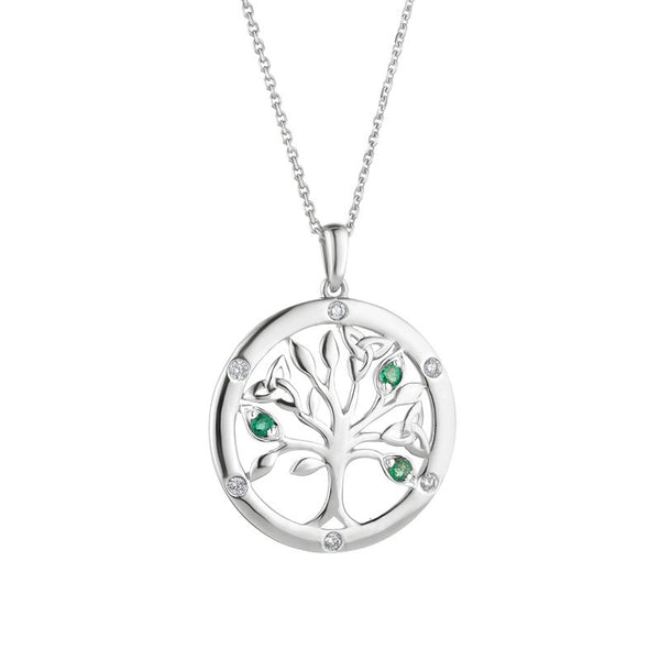 14K White Gold Diamond And Emerald Tree Of Life Pendant