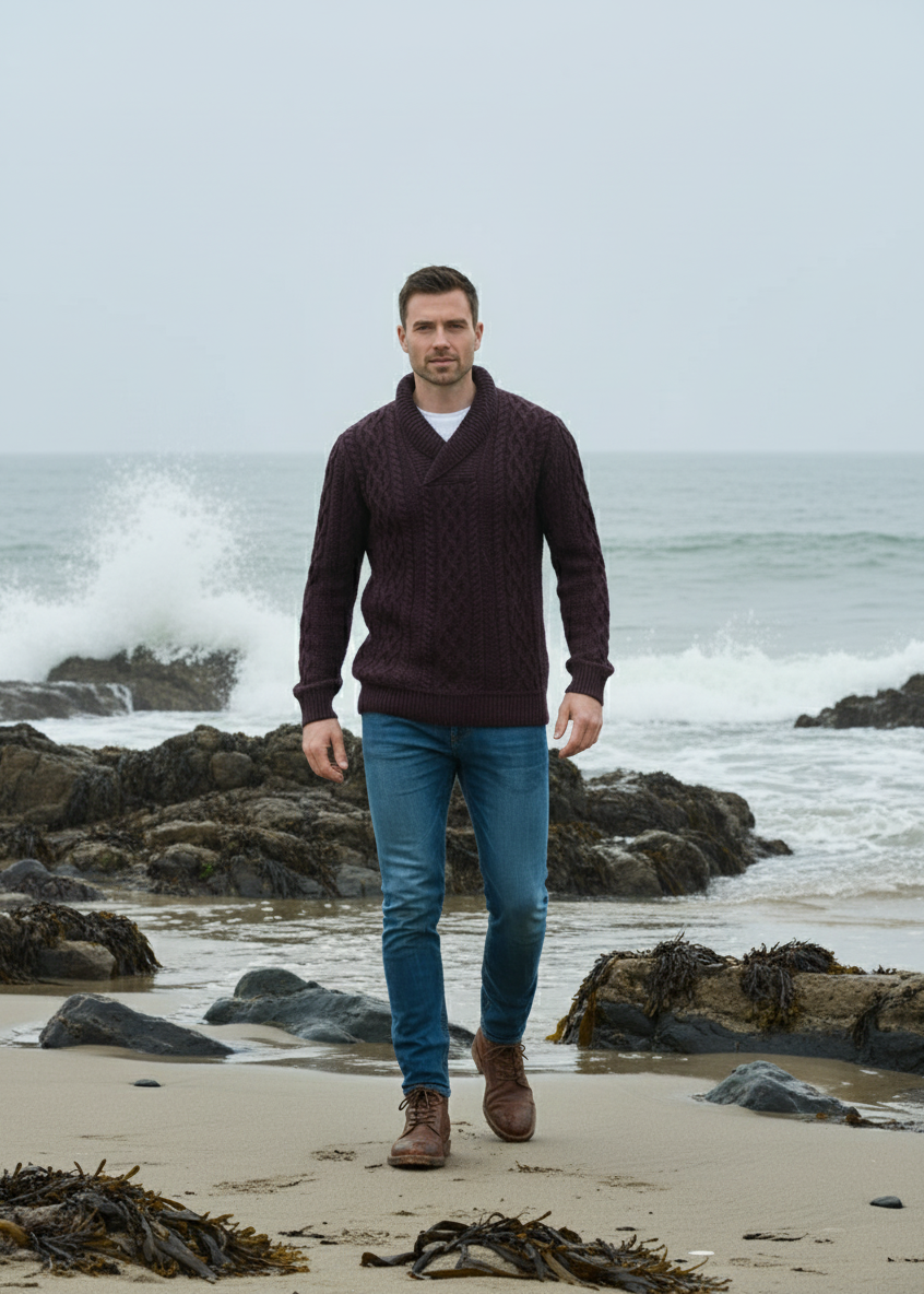 Man standing on a rocky beach wearing a dark sweater and blue jeans.