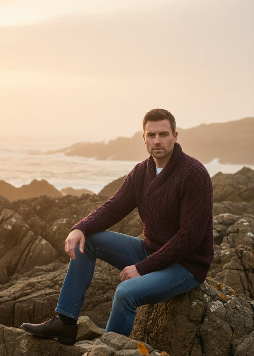 Man sitting on rocks by the ocean at sunset