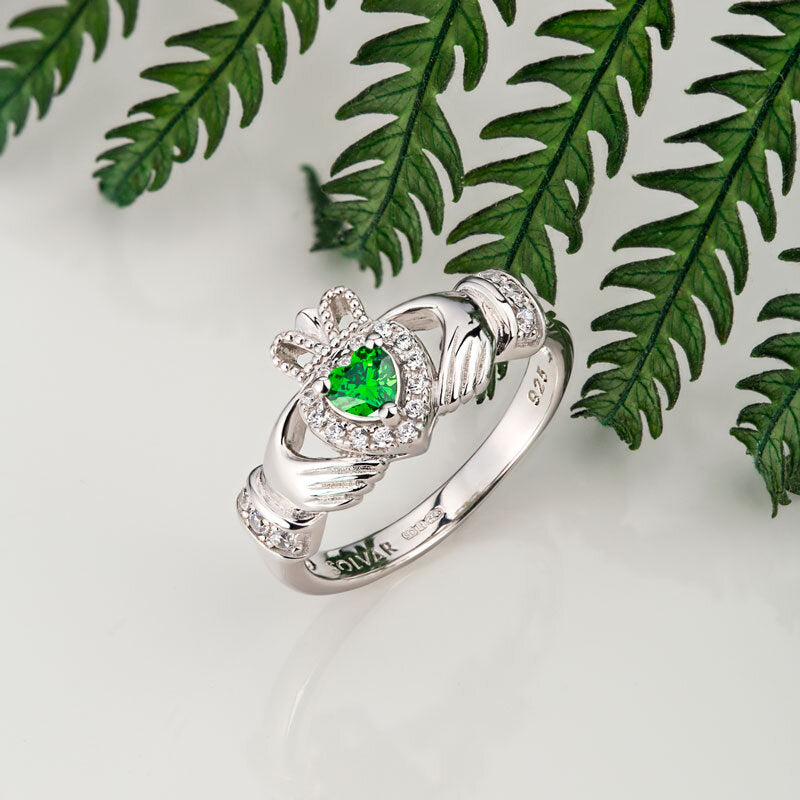 Solvar Silver Green Heart Claddagh Ring