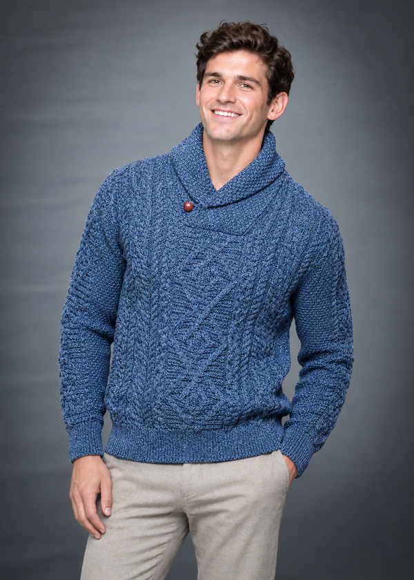 Men's Aran Shawl Neck Sweater | 100% Merino Wool | Denim Marl