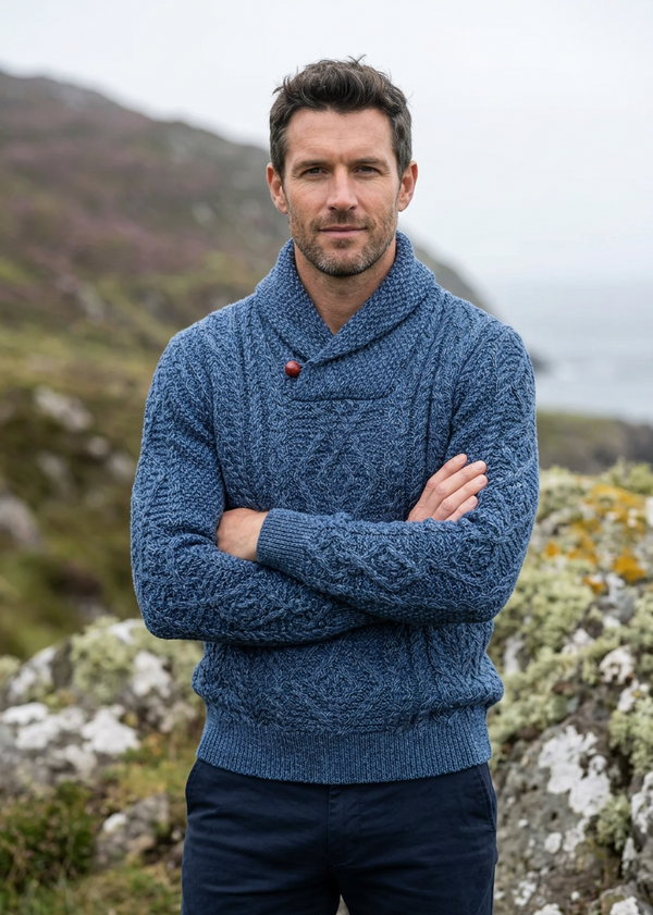 Men's Aran Shawl Neck Sweater | 100% Merino Wool | Denim Marl