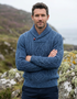 Men's Aran Shawl Neck Sweater | 100% Merino Wool | Denim Marl