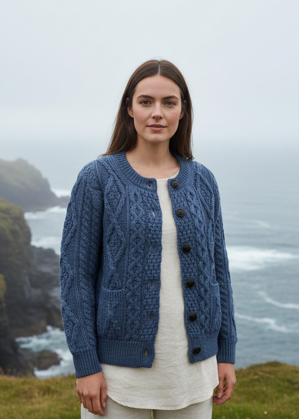 Denim Aran cardigan lifestyle coastal shot