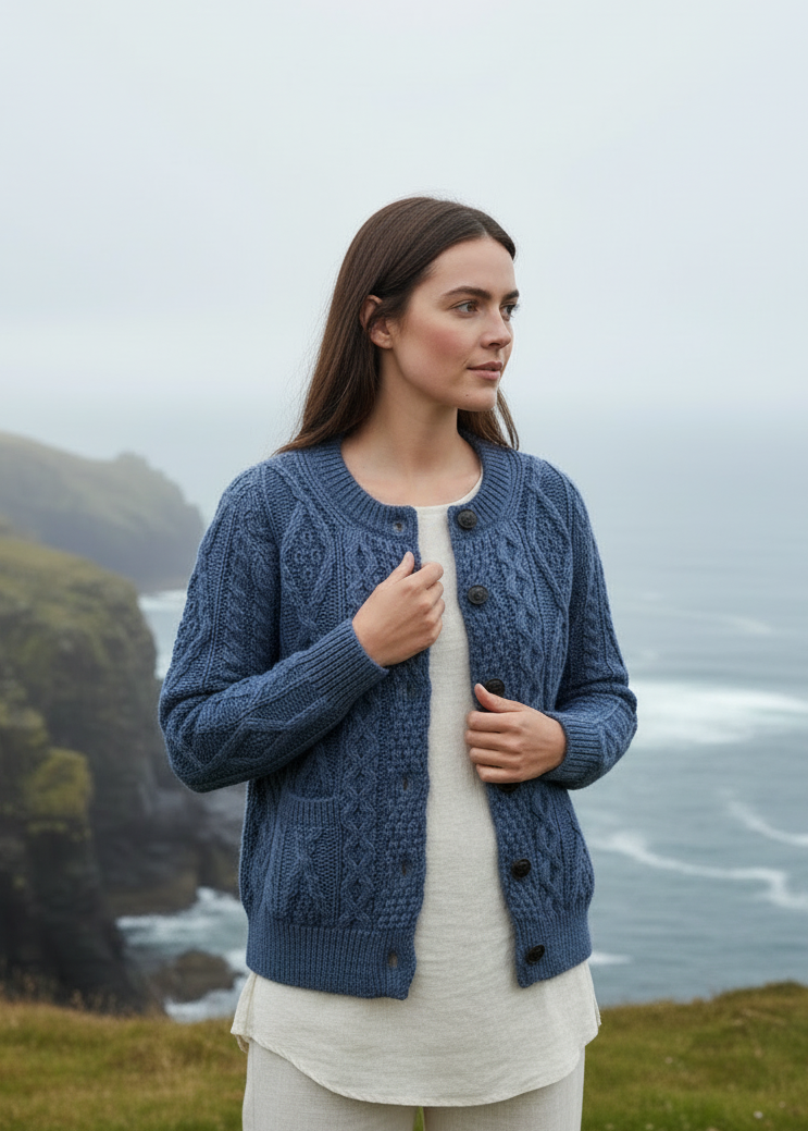 Ladies Aran Cardigan in Denim Blue | Irish Merino Wool