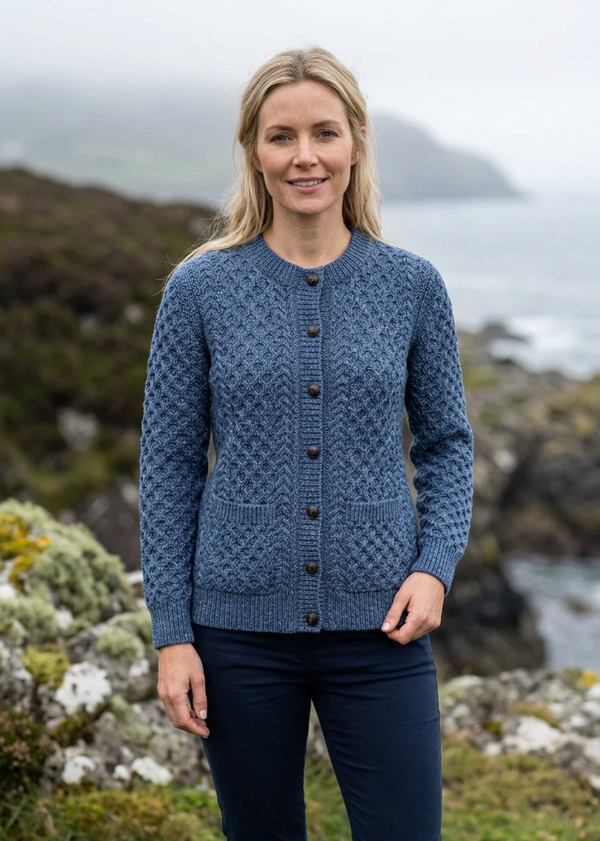 Women's Aran Lumber Cardigan - 100% Merino Wool | Denim Marl