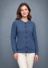 Denim-marl cardigan, front-facing studio pose