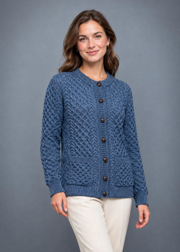 Women's Aran Lumber Cardigan - 100% Merino Wool | Denim Marl