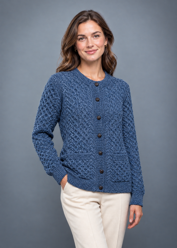 Denim-marl cardigan, three-quarter studio pose