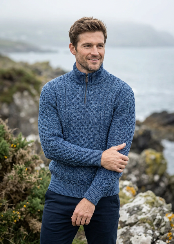 Aran Merino Wool Half Zip Sweater | Denim