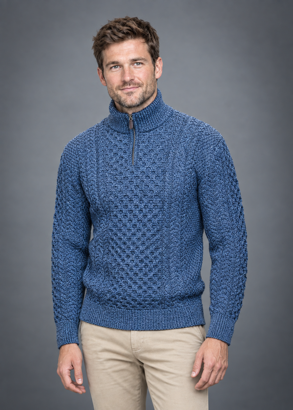 Aran Merino Wool Half Zip Sweater | Denim