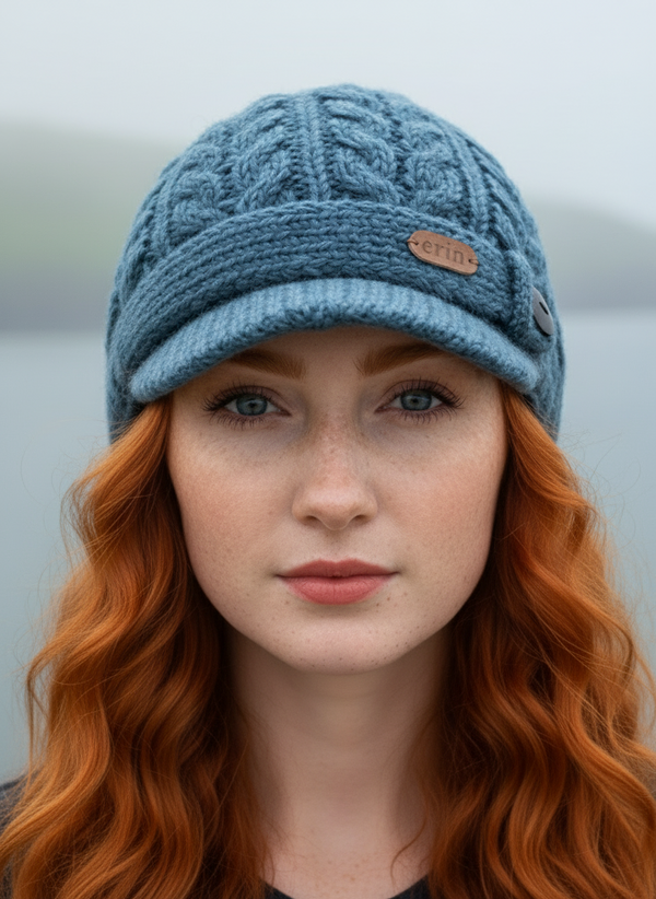 Erin Aran Cable Peak Hat | Denim