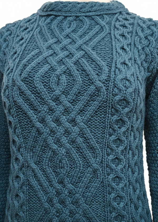 Aran Cable Knit Merino Wool Sweater - Bermuda Blue | Irish Crafted