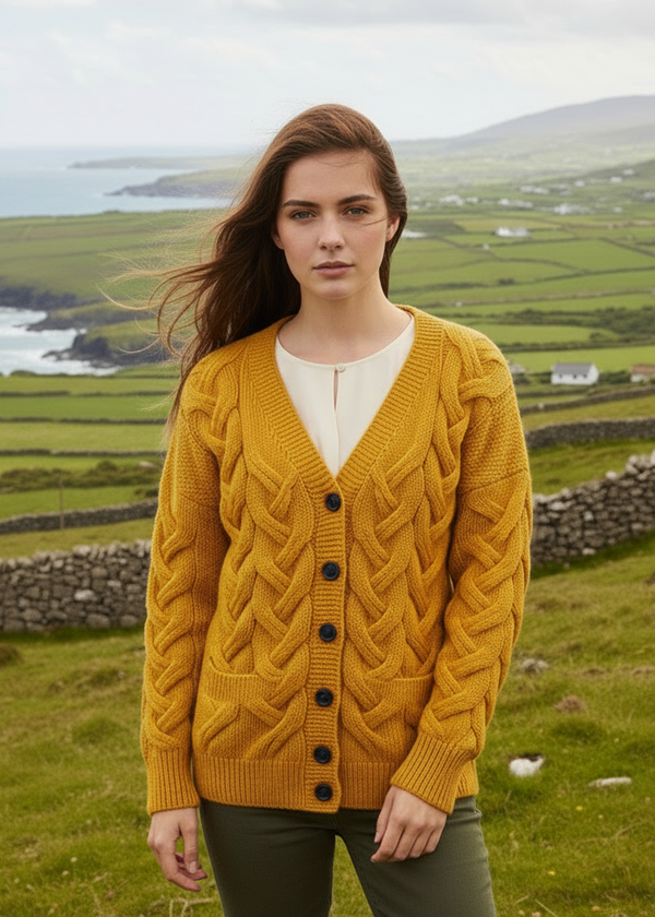 Downpatrick Ladies Aran Cardigan | Sunflower Yellow - Merino Wool