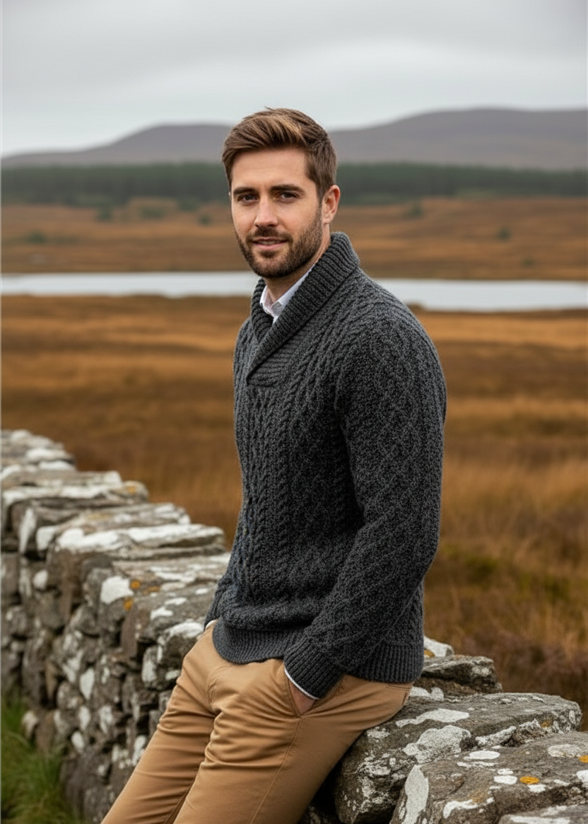 Man wearing a dark gray cable knit sweater and beige pants standing on a stone wall with a scenic background.