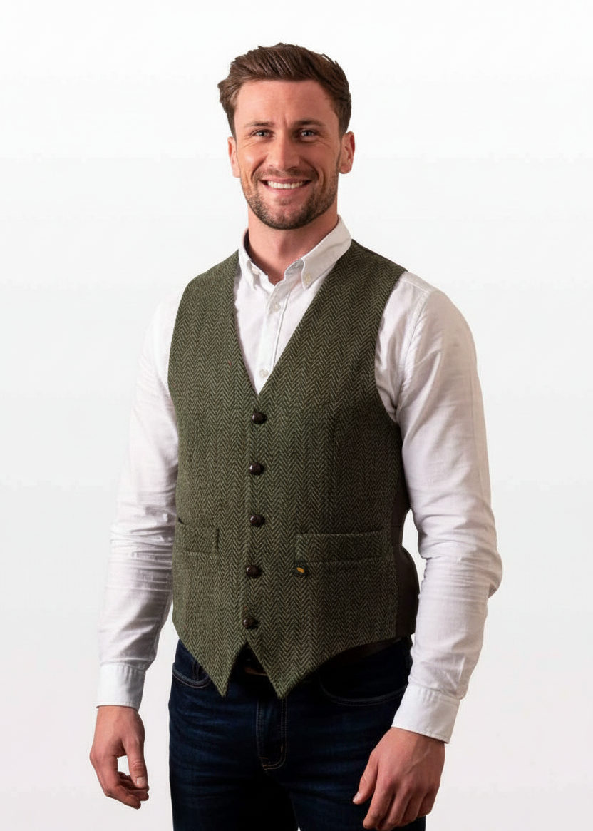 Donegal Tweed Waistcoat in Green - Premium Irish Wool Vest | Hatman of Ireland