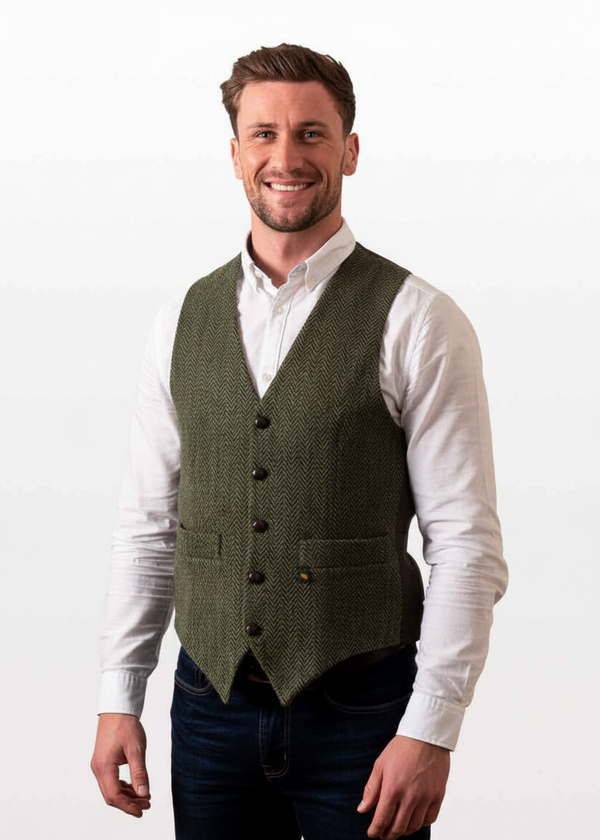 Donegal Tweed Waistcoat in Green - Premium Irish Wool Vest | Hatman of Ireland