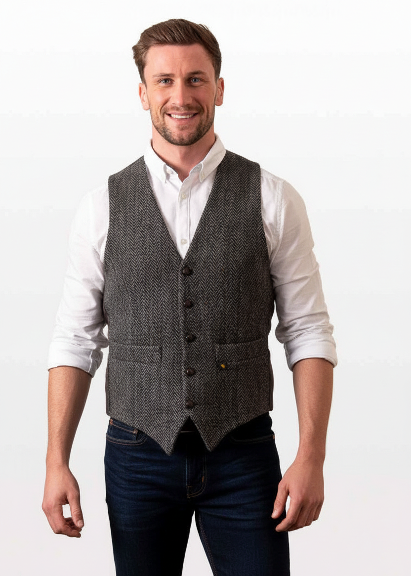 Donegal Tweed Charcoal Herringbone Waistcoat - Premium Irish Wool - Hatman of Ireland