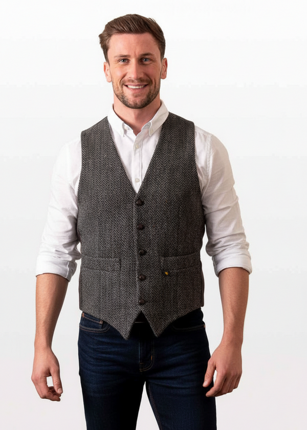 Donegal Tweed Charcoal Herringbone Waistcoat - Premium Irish Wool - Hatman of Ireland